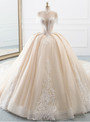 Chammpagne Ball Gown Tulle Sequins High Neck Backless Wedding Dress