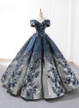 Blue Ball Gown Sequins Off The Shoulder Appliques Floor Length Wedding Dress
