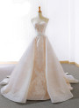 Light Champagne Spaghetti Straps Mesh Yarn Appliques Wedding Dress