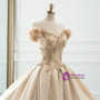Champagne Tulle Sequins Off The Shoulder With Long Train Wedding Dress