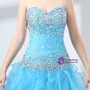 Blue Hi Lo Organza Sweetheart Neck Backless With Crystal Prom Dress