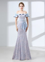 Blue Lace Mermaid Off The Shoulder Floor Length Prom Dress