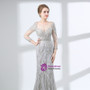 Silver Sheath Long Sleeve With Beading Floor Length Prom Dress