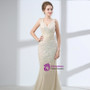 Champagne Mermaid V-neck Backless Prom Dress With Beading