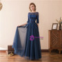 A-Line Blue Tulle Short Sleeve Backless With Sequins Prom Dress