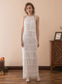 A-Line White Tassel Lace Halter Sleeveless Long Prom Dress