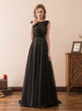 A-Line Black Lace Tulle Cap Sleeve Floor Length Prom Dress