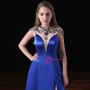 Blue Satin See Neck Cap Sleeve With Beading Prom Dress