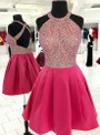 Sparkle Short Pink Satin Halter Backless Homecoming Dress