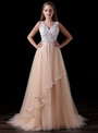 A-Line Champagne Tulle Appliques V-neck Backless Prom Dress