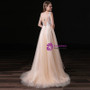 A-Line Champagne Tulle Appliques V-neck Backless Prom Dress