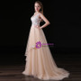 A-Line Champagne Tulle Appliques V-neck Backless Prom Dress