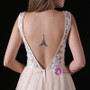 A-Line Champagne Tulle Appliques V-neck Backless Prom Dress