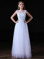 A-line Light Blue Tulle Lace Appliques Floor Length Prom Dress