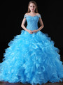 Blue Ball Gown Organza Lace Off The Shoulder Crystal Sweet 16 Dress