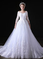 White Tulle Lace Off The Shoulder Long Sleeve Wedding Dress