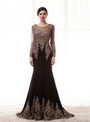 Black Mermaid Satin Appliques Long Sleeve Prom Dress