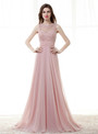 Pink Chiffon Lace Appliques Backless With Crystal Prom Dress