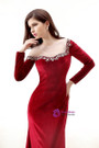 Red Mermaid Velvet Long Sleeve Long Porm Dress With Crystal