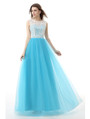 A-Line Blue Tulle Lace Sleeveless Floor Length Prom Dress