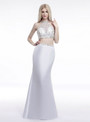 White Mermaid Two Piece Halter Satin Prom Dress With Crystal
