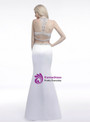 White Mermaid Two Piece Halter Satin Prom Dress With Crystal