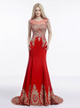 Red Mermaid Satin Gold Appliques Cap Sleeve Prom Dress