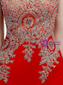 Red Mermaid Satin Gold Appliques Cap Sleeve Prom Dress