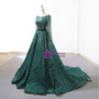 Dark Green Sequins Long Sleeve Backless Weddign Dress With Long Train