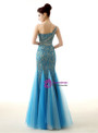 Blue Tulle Lace Mermaid One Shoulder Crystal Prom Dress