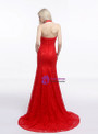 Red Lace Mermaid Halter Backless Long Prom Dress