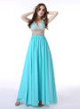 Blue Chiffon Lace V-neck Sexy Back Prom Dress With Crystal
