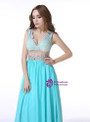 Blue Chiffon Lace V-neck Sexy Back Prom Dress With Crystal