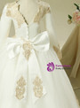 White Tulle Gold Appliques Long Sleeve Flower Girl Dress With Bow