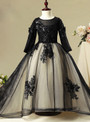 Black Tulle Lace Long Sleeve Flower Girl Dress With Sequins