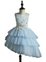 A-Line Blue Tulle Satin Appliques Short Flower Girl Dress