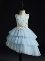 A-Line Blue Tulle Satin Appliques Short Flower Girl Dress
