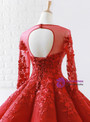 Red Ball Gown Long Sleeve Backless Appliques Wedding Dress