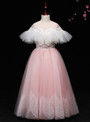 A-line Pink And White Tulle Long Flower Girl Dress