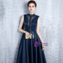 Navy Blue Satin High Neck Backless Long Prom Dress With Pearls