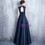 Navy Blue Satin High Neck Backless Long Prom Dress With Pearls