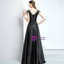 Black Satin Cap Sleeve Deep V-neck Backless Prom Dress With Beaded