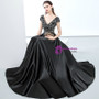 Black Satin Cap Sleeve Deep V-neck Backless Prom Dress With Beaded