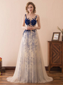 A-Line Champagne Tulle See Through Print Long Prom Dress