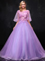 Purple Ball Gown Tulle Puff Sleeve Appliques Quinceanera Dresses