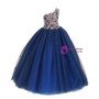 Navy Blue Tulle One Shoulder With Crystal Flower Girl Dress