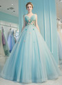 Light Blue Tulle V-neck Backless Appliques Quinceanera Dresses