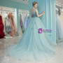 Light Blue Tulle V-neck Backless Appliques Quinceanera Dresses