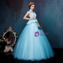 Blue Ball Gown Tulle High Neck Cap Sleeve Backless Quinceanera Dresses