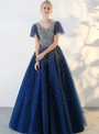 Navy Blue Tulle V-neck Backless With Sequins Quinceanera Dresses